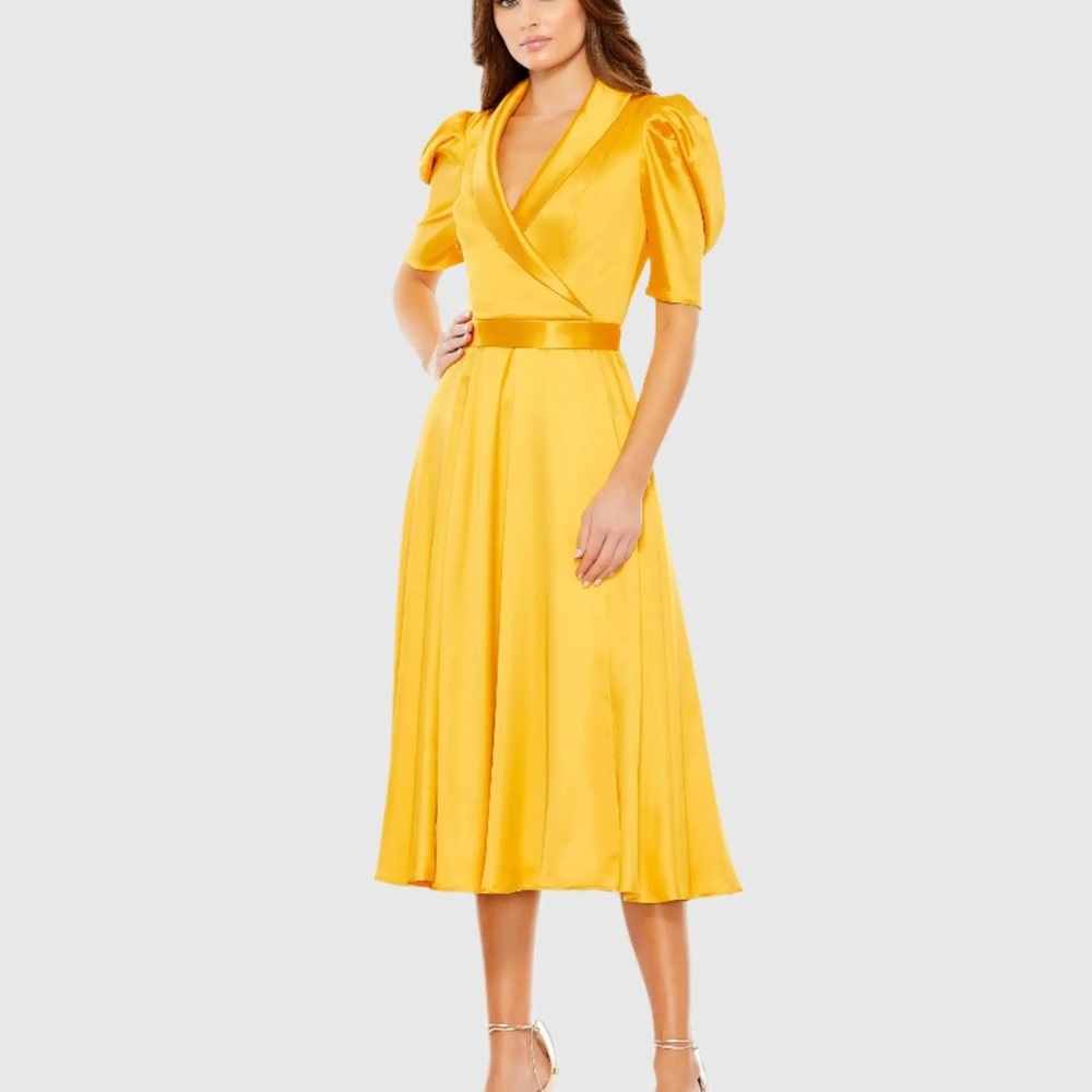 Mac Duggal Yellow Puff Sleeve Midi Dress for Weddings